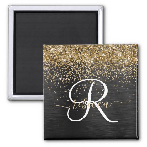 Custom Gold Glitter Black Sparkle Monogram Magnet
