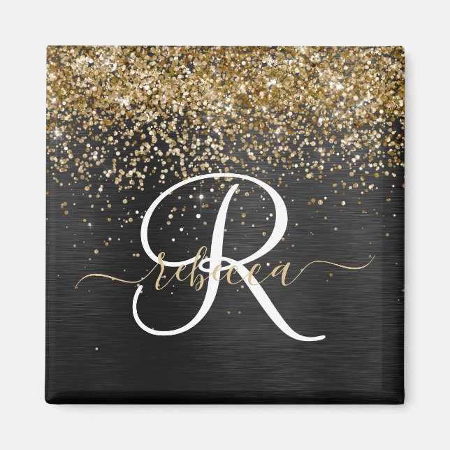 Custom Gold Glitter Black Sparkle Monogram Magnet (Front)