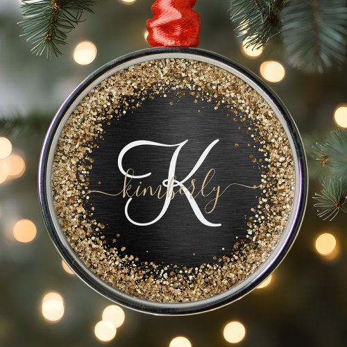 Custom Gold Glitter Black Sparkle Monogram Metal Ornament