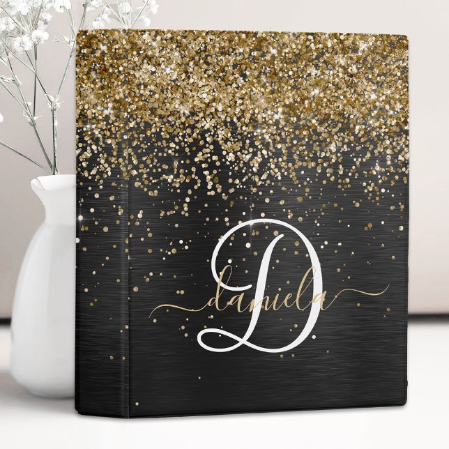Custom Gold Glitter Black Sparkle Monogram Mini Binder (Creator Uploaded)