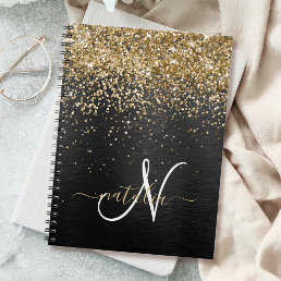 Custom Gold Glitter Black Sparkle Monogram Notebook
