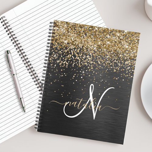 Custom Gold Glitter Black Sparkle Monogram Notebook