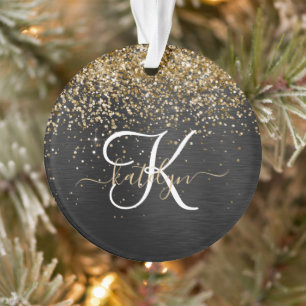 Custom Gold Glitter Black Sparkle Monogram Ornament
