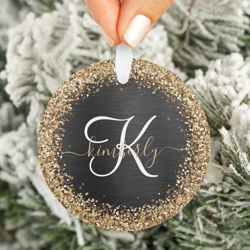 Custom Gold Glitter Black Sparkle Monogram Ornament