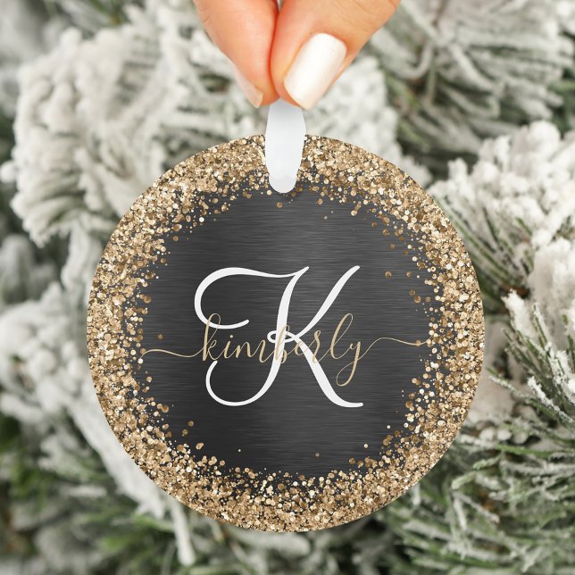 Custom Gold Glitter Black Sparkle Monogram Ornament (Creator Uploaded)