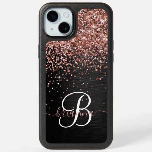 Custom Gold Glitter Black Sparkle Monogram OtterBo iPhone 15 Plus Case