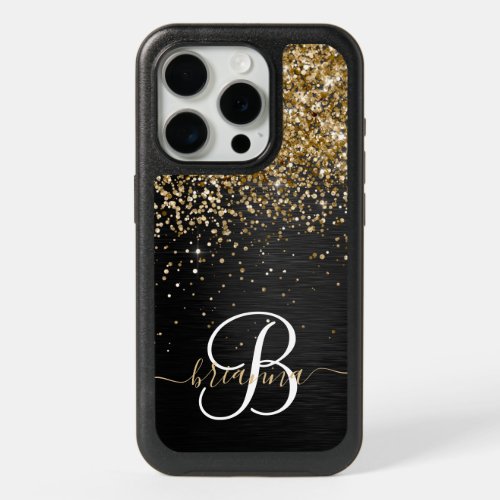 Custom Gold Glitter Black Sparkle Monogram iPhone 15 Pro Case