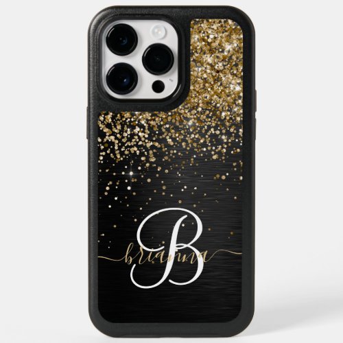 Custom Gold Glitter Black Sparkle Monogram OtterBox iPhone 14 Pro Max Case