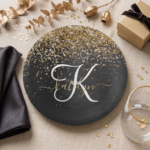 Custom Gold Glitter Black Sparkle Monogram Paper Plates
