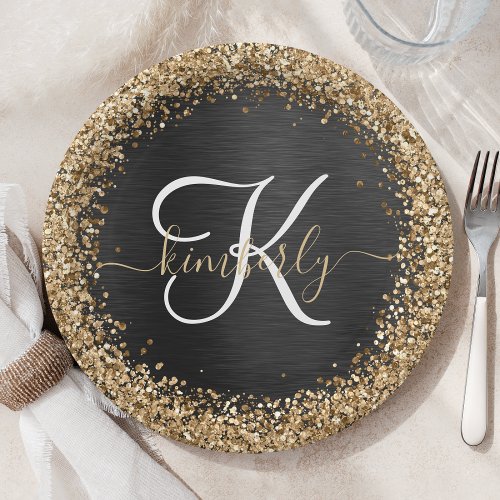 Custom Gold Glitter Black Sparkle Monogram Paper Plates