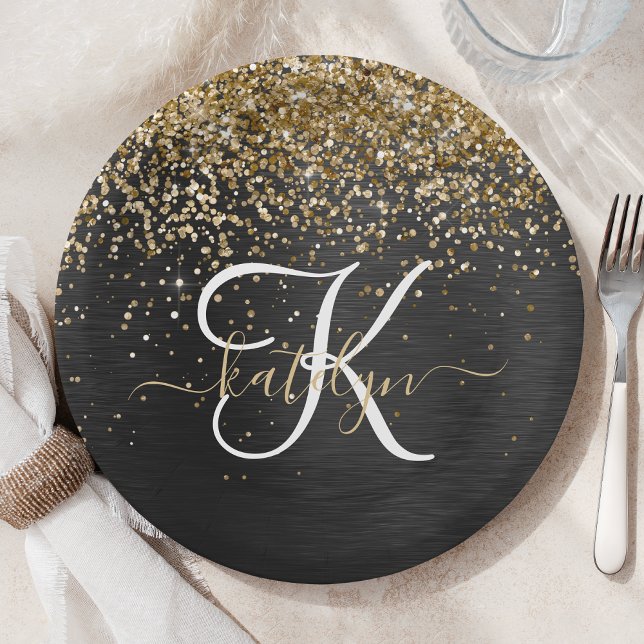 Custom Gold Glitter Black Sparkle Monogram Paper Plates (Creator Uploaded)