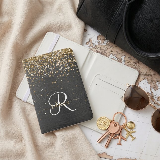 Custom Gold Glitter Black Sparkle Monogram Passport Holder (Creator Uploaded)