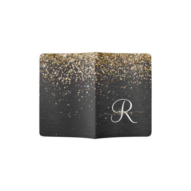 Custom Gold Glitter Black Sparkle Monogram Passport Holder (Opened)