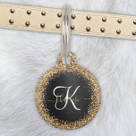 Custom Gold Glitter Black Sparkle Monogram Pet ID Tag<br><div class="desc">Easily personalize this trendy elegant pet ID tag design featuring pretty gold sparkling glitter on a black brushed metallic background.</div>
