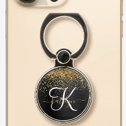 Custom Gold Glitter Black Sparkle Monogram Phone Ring Stand