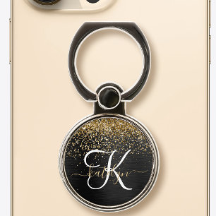 Custom Gold Glitter Black Sparkle Monogram Phone Ring Stand