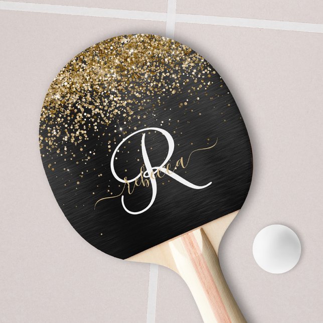 Custom Gold Glitter Black Sparkle Monogram Ping Pong Paddle (Creator Uploaded)
