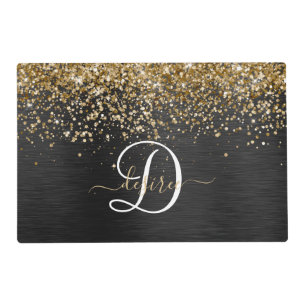 Custom Gold Glitter Black Sparkle Monogram Placemat