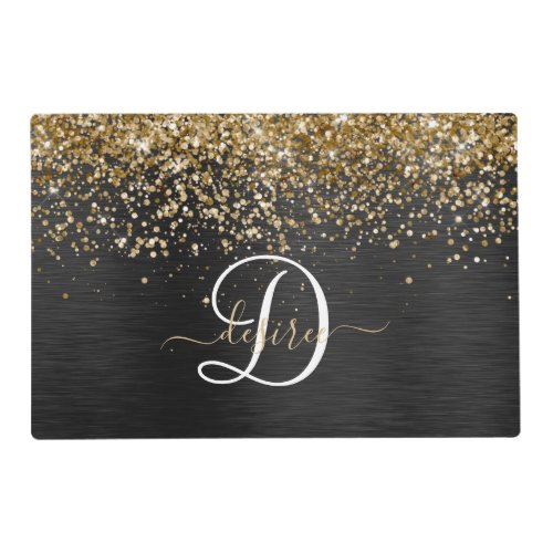 Custom Gold Glitter Black Sparkle Monogram Placemat