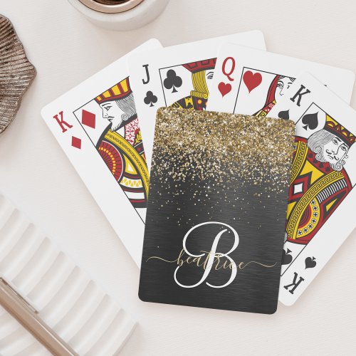 Custom Gold Glitter Black Sparkle Monogram Poker Cards