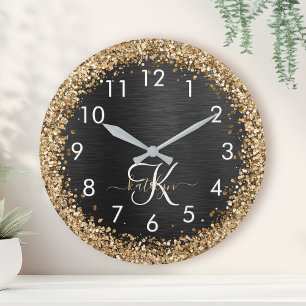 Custom Gold Glitter Black Sparkle Monogram Round Clock