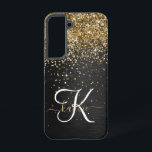 Custom Gold Glitter Black Sparkle Monogram Samsung Galaxy S22 Case<br><div class="desc">Easily personalize this trendy elegant phone case design featuring pretty gold sparkling glitter on a black brushed metallic background.</div>