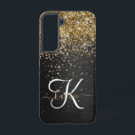 Custom Gold Glitter Black Sparkle Monogram Samsung Galaxy S22 Case<br><div class="desc">Easily personalize this trendy elegant phone case design featuring pretty gold sparkling glitter on a black brushed metallic background.</div>