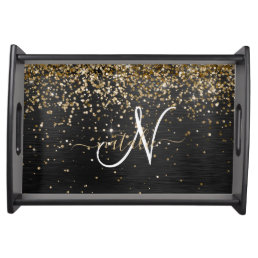 Custom Gold Glitter Black Sparkle Monogram Serving Tray