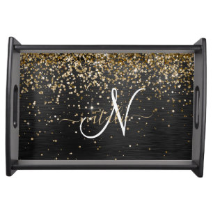 Custom Gold Glitter Black Sparkle Monogram Serving Tray