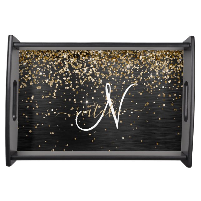 Custom Gold Glitter Black Sparkle Monogram Serving Tray (Front)