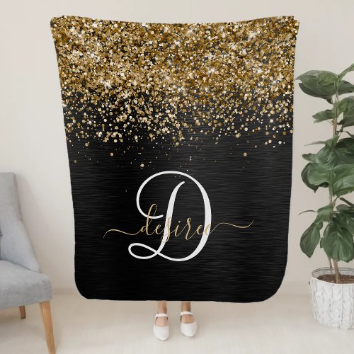 Custom Gold Glitter Black Sparkle Monogram Sherpa Blanket
