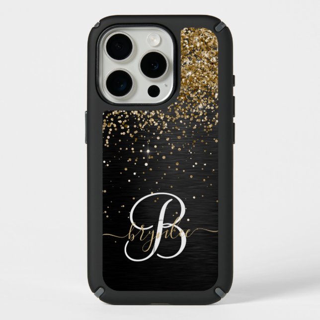 Custom Gold Glitter Black Sparkle Monogram Speck iPhone Case (Front)