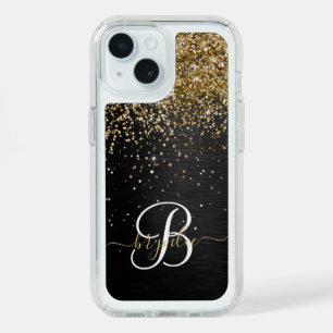 Custom Gold Glitter Black Sparkle Monogram iPhone 15 Case