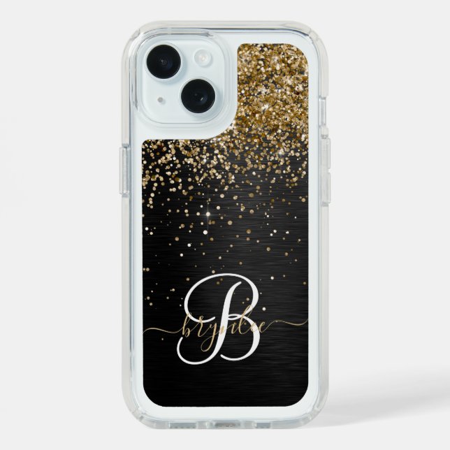 Custom Gold Glitter Black Sparkle Monogram Speck iPhone Case (Front (Blue))