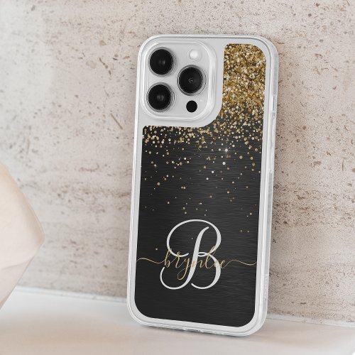 Custom Gold Glitter Black Sparkle Monogram iPhone 15 Pro Case