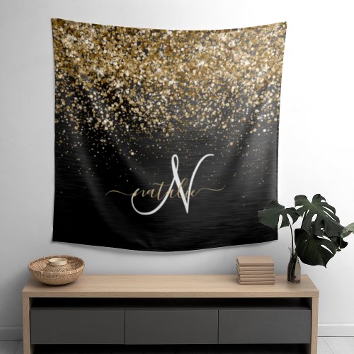 Custom Gold Glitter Black Sparkle Monogram Tapestry