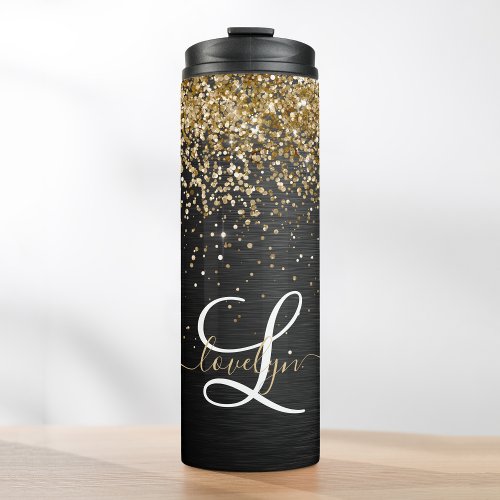 Custom Gold Glitter Black Sparkle Monogram Thermal Tumbler