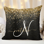 Custom Gold Glitter Black Sparkle Monogram Throw Pillow<br><div class="desc">Easily personalize this trendy elegant throw pillow design featuring pretty gold sparkling glitter on a black brushed metallic background.</div>