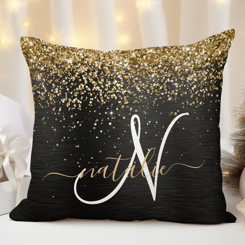 Custom Gold Glitter Black Sparkle Monogram Throw Pillow