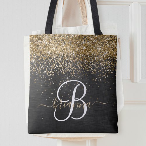 Custom Gold Glitter Black Sparkle Monogram Tote Bag