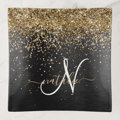 Custom Gold Glitter Black Sparkle Monogram Trinket Tray