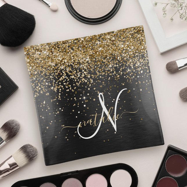 Custom Gold Glitter Black Sparkle Monogram Trinket Tray (Creator Uploaded)