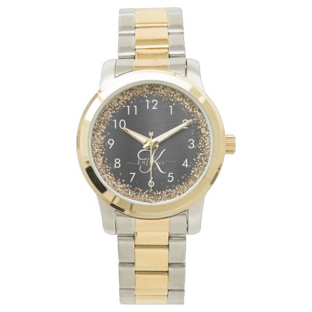 Custom Gold Glitter Black Sparkle Monogram Watch (Front)