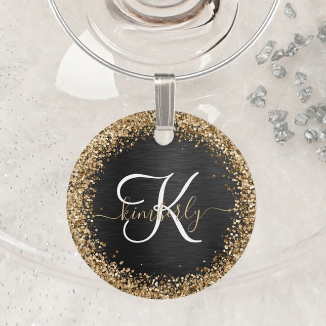 Custom Gold Glitter Black Sparkle Monogram Wine Charm (Creator Uploaded)