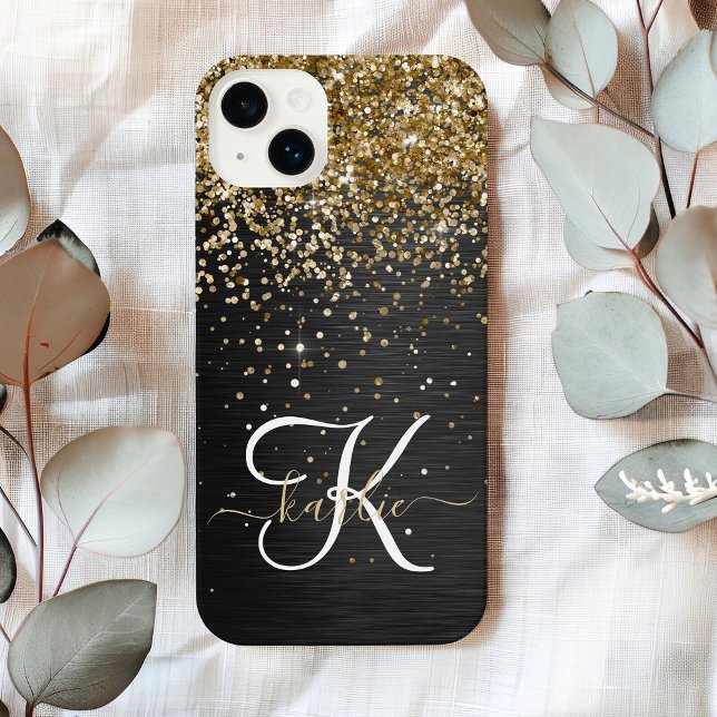 Custom Gold Glitter Black Sparkly Monogrammed iPhone Case (Creator Uploaded)