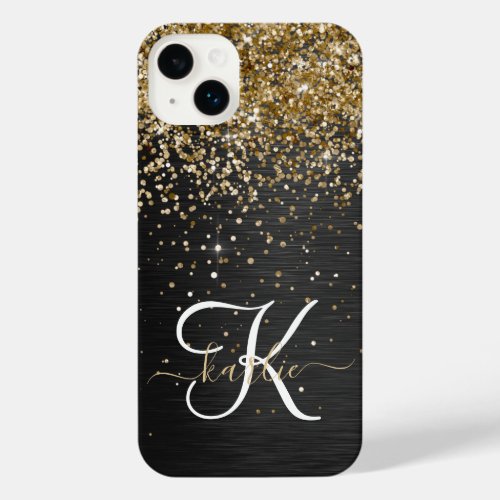 Custom Gold Glitter Black Sparkly Monogrammed iPhone 14 Plus Case
