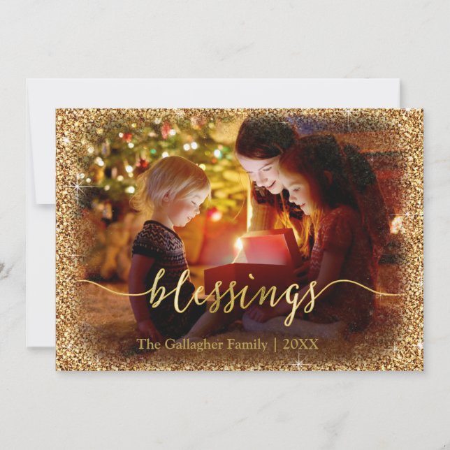Custom Gold Glitter Blessings Photo Christmas Holiday Card (Front)