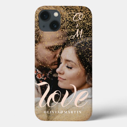 Custom Gold Glitter Couple Photo Monogrammed iPhone 13 Case