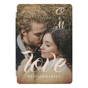 Custom Gold Glitter Couple Photo Monogrammed iPad Pro Cover