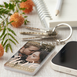 Custom Gold Glitter Couple Photo Monogrammed Keychain